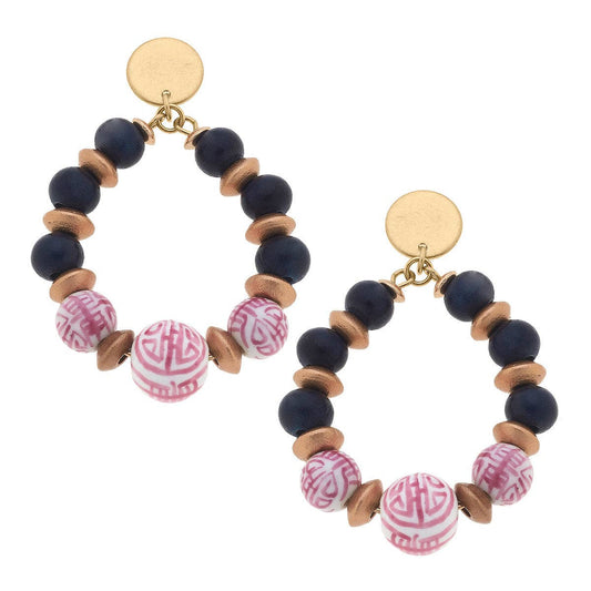 IN STORE ONLY - Tansy Pink & White Chinoiserie & Painted Wood Teardrop Earrings in Navy