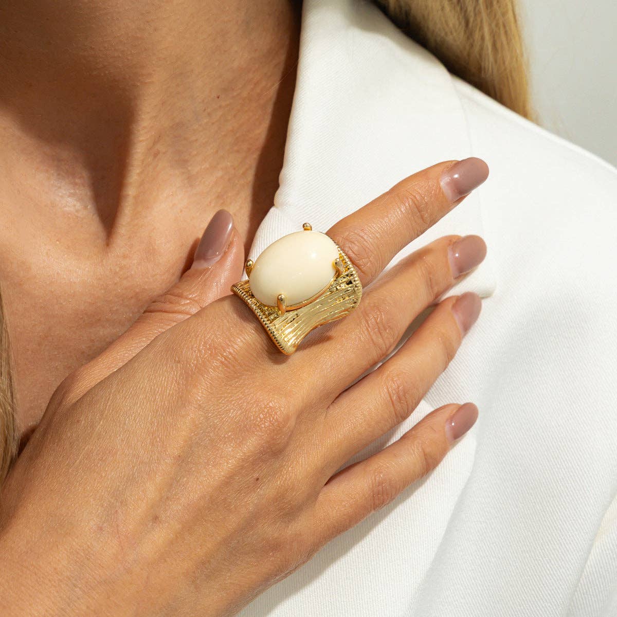 Geometric Resin Gemstone Open Ring Trendy Wide Band