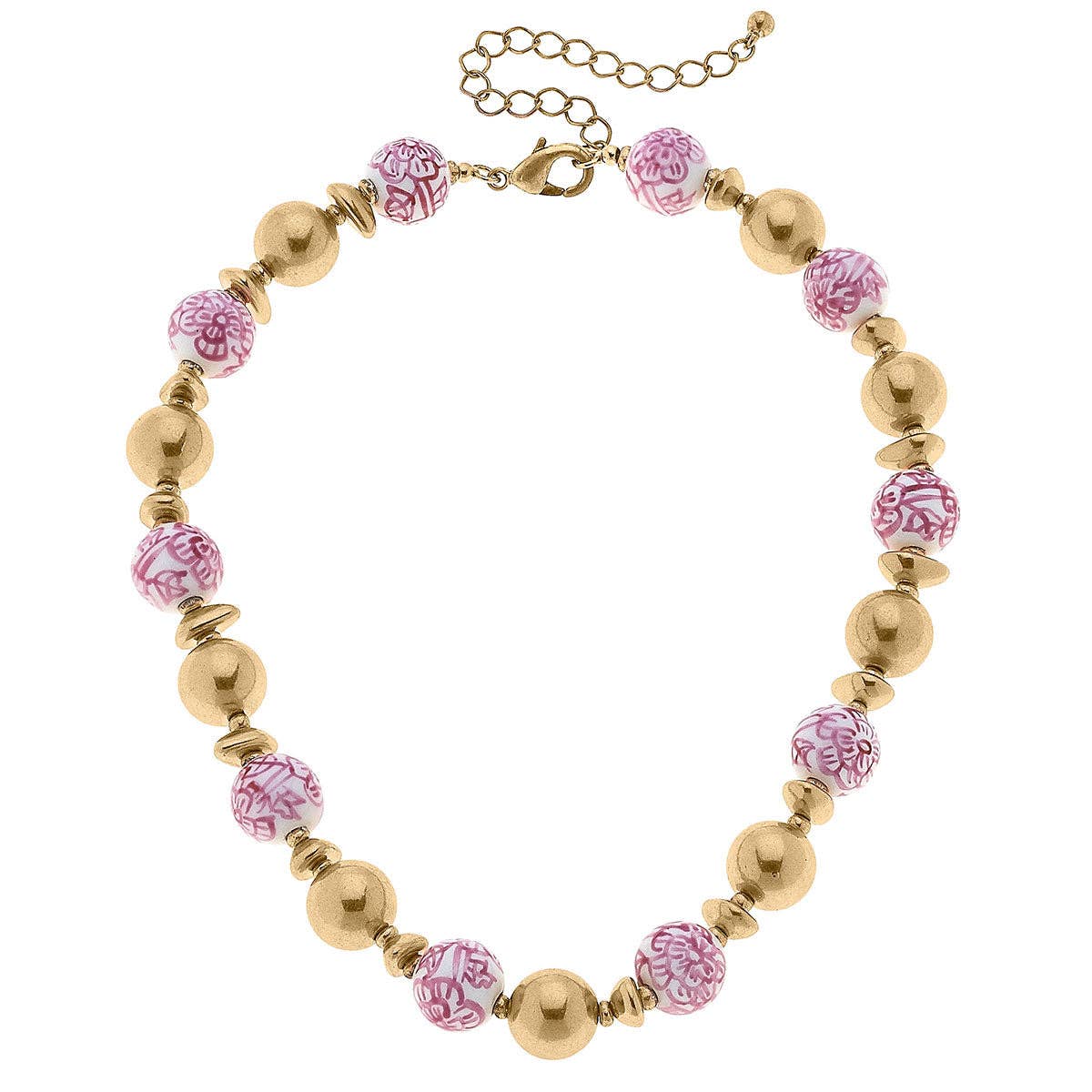 IN STORE ONLY - Regina Chinoiserie & Ball Bead Necklace in Pink & White