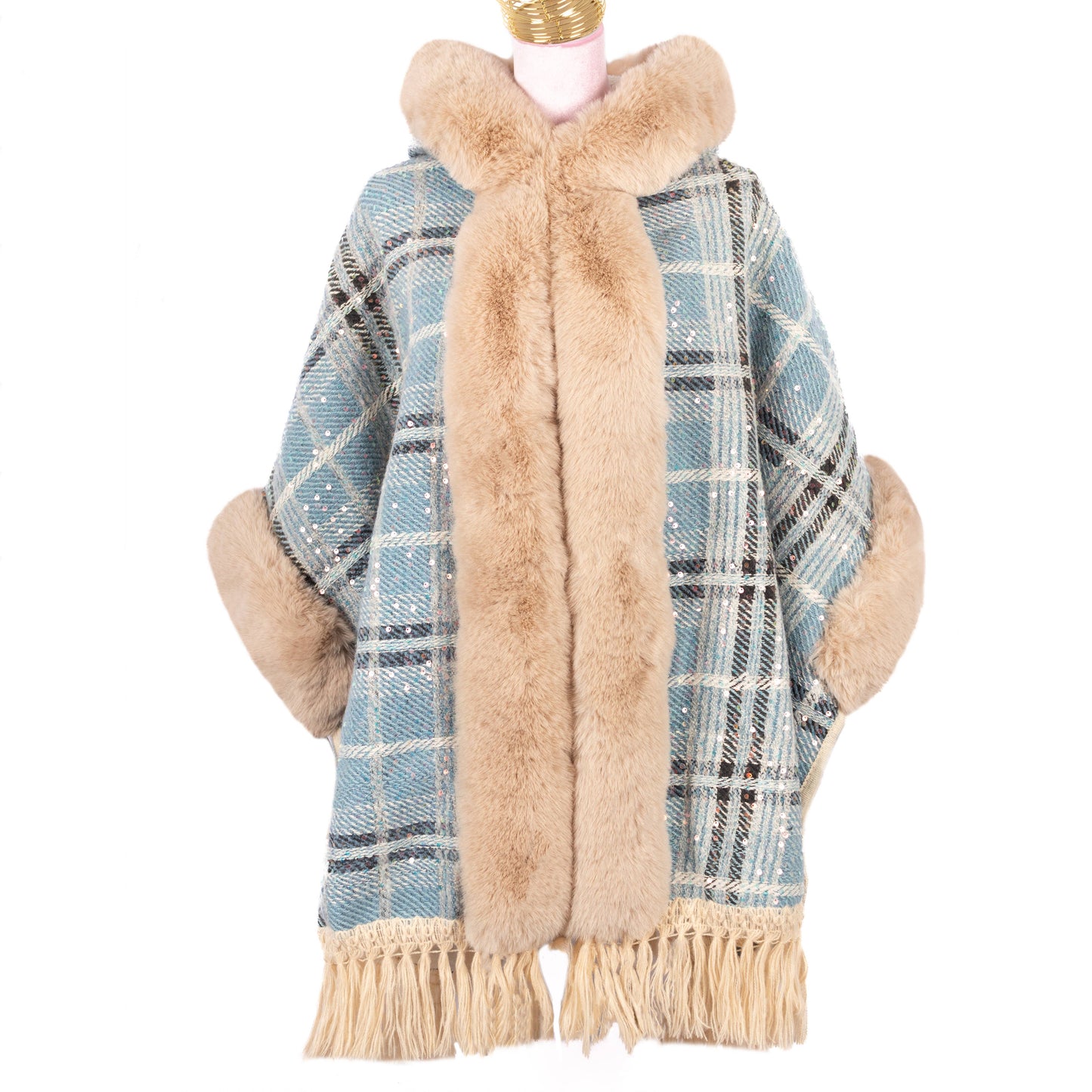 Serene Blue Plaid Hooded Cape with Sequins PE906