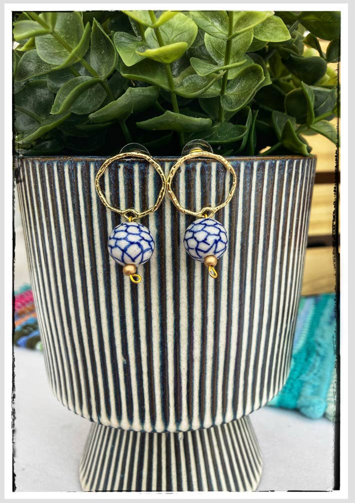 Brass & Chinoiserie Bead Circle Hoop Dangle Earring Charm
