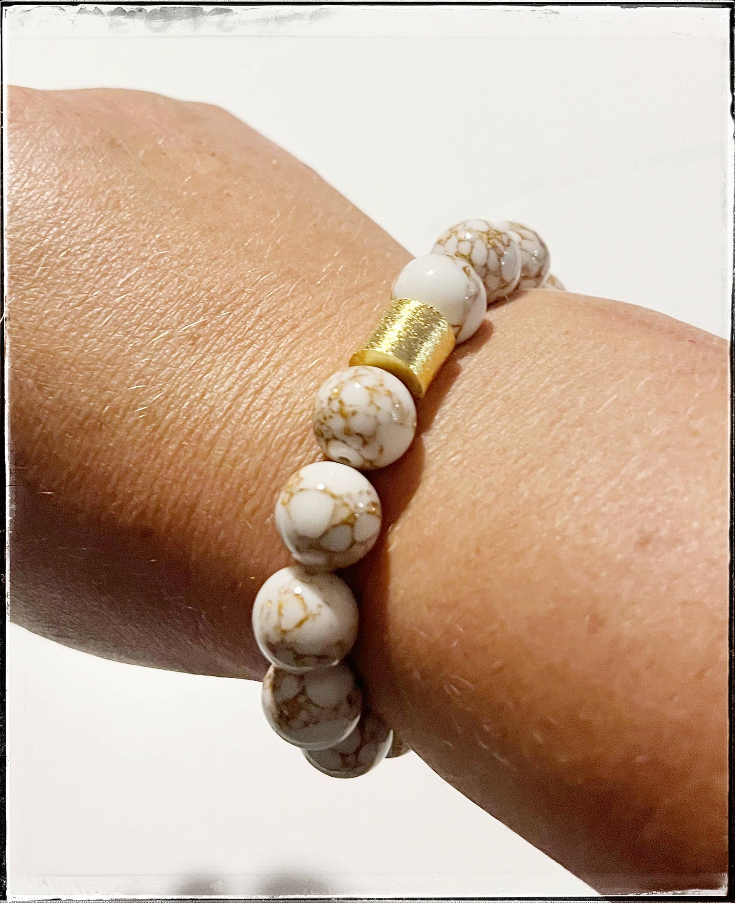 White Gold Lace Gemstone Stone Bead Stretch Bracelet Jasper