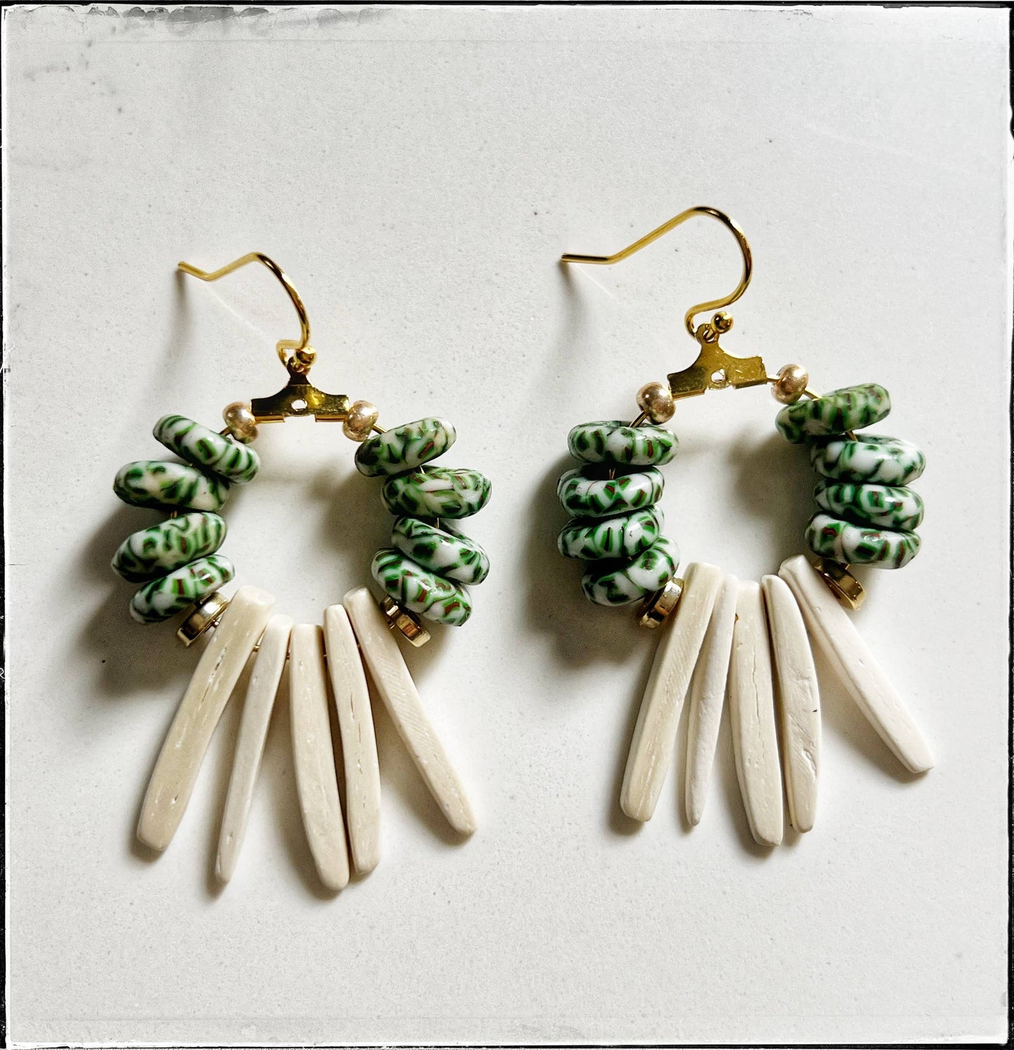 White Coconut Wood & Green Glass Bead Dangle Earrings
