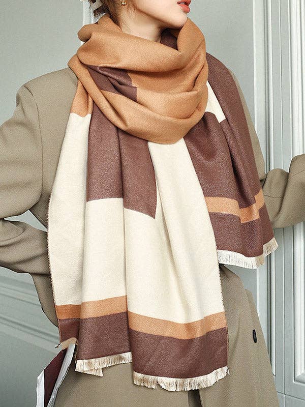 Soft Cashmere Blend Striped Shawl Scarf with Color Block Detail