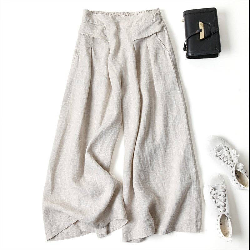 IN STORE ONLY - Solid Color Half Elastic Waist Wide Leg Ramie Cotton Pants