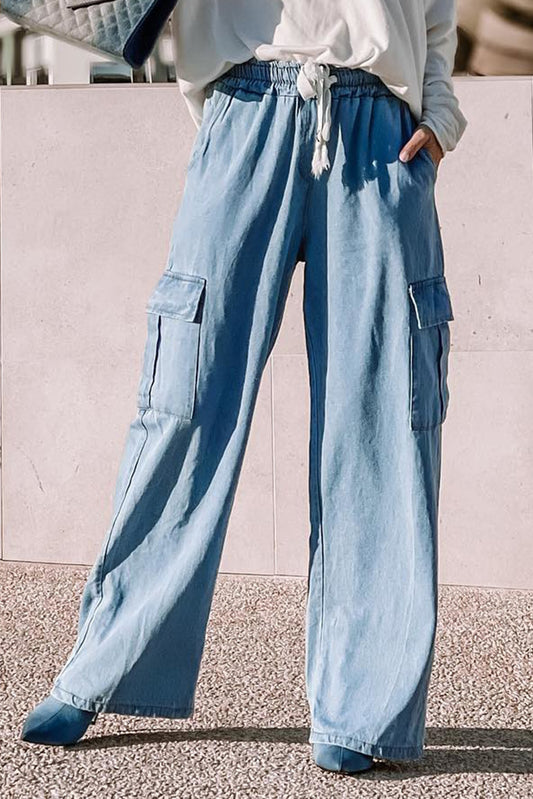 IN STORE & ON LINE Sky Blue Drawstring High Waist Cargo Pocket Wide Leg Jeans