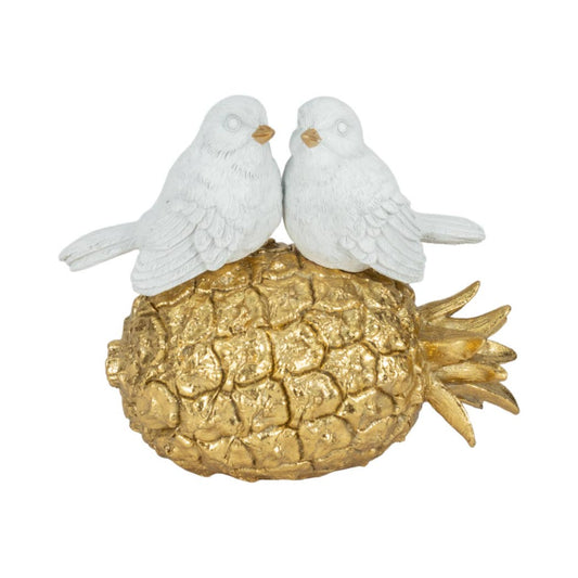 White/Gold 8 in. Resin Kissing Birds on Pineapple Figurine