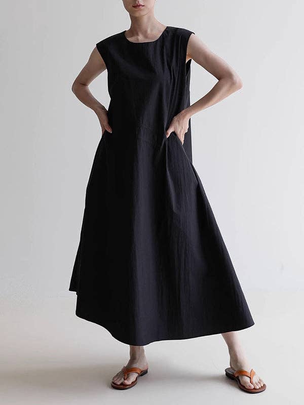 Asymmetric Drawstring Pleated Solid Color Tied Loose Sleeveless Round-Neck Midi Dresses