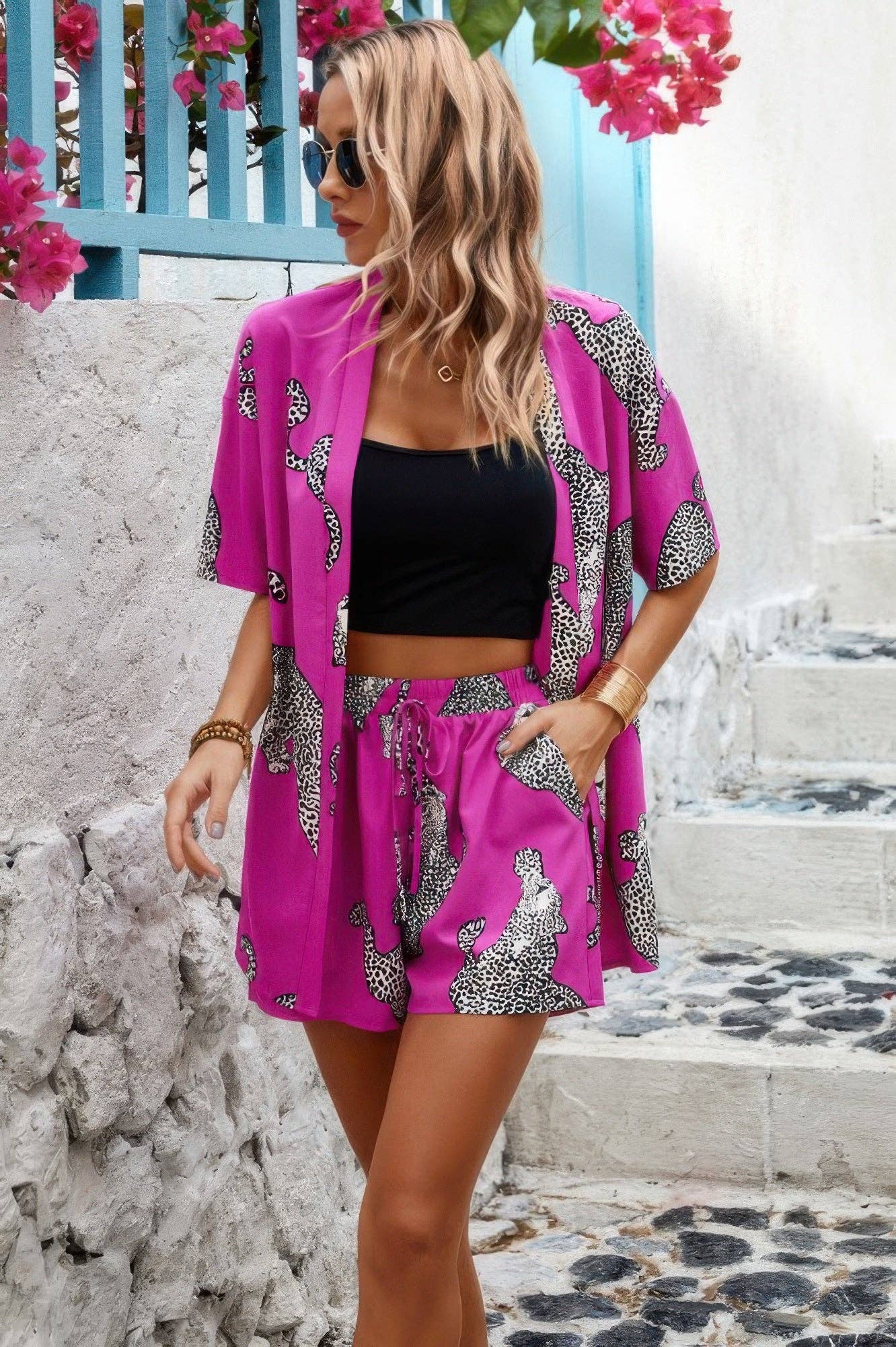 Two Piece Leopard Print Drop Shoulder Pockets Set