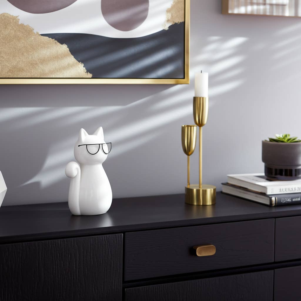 Porcelain Modern Cat with Glasses Figurine - White, 7 in.