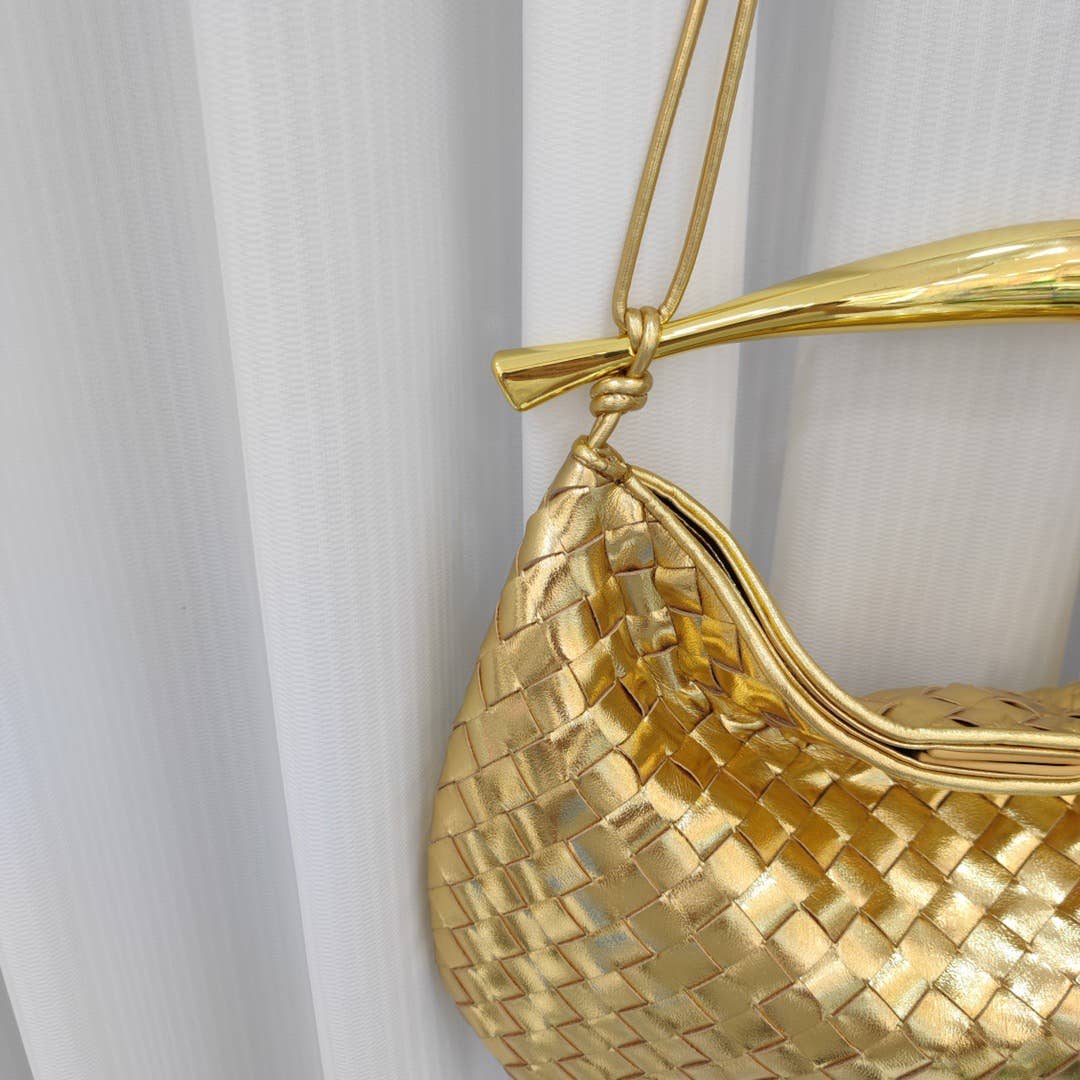 Woven handbag with Gold Metal Handle Bar