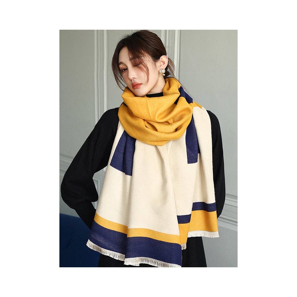 Soft Cashmere Blend Striped Shawl Scarf with Color Block Detail