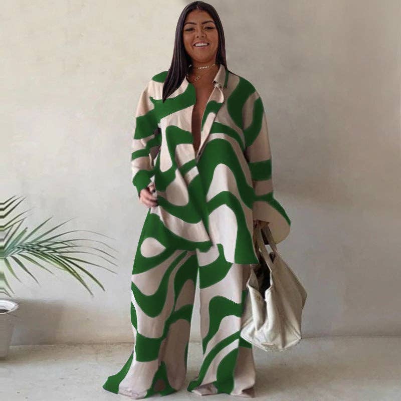 Chic Printed Loose-Fitting Long Sleeve Shirt and Straight Pants Set