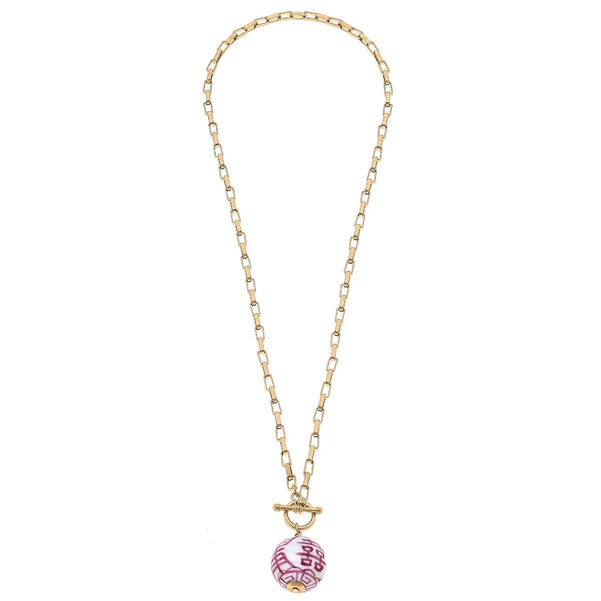 IN STORE ONLY - Laurel Chinoiserie T-Bar Necklace in Pink & White