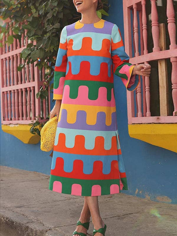 Printed Split-Side Long Sleeves Loose Round-Neck Midi Dresses