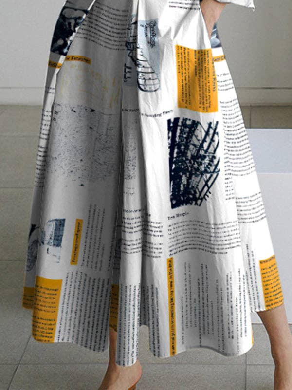 Newspaper Print Pleated Tied Waist Long Sleeves Loose Lapel Shirt Dress Midi Dresses