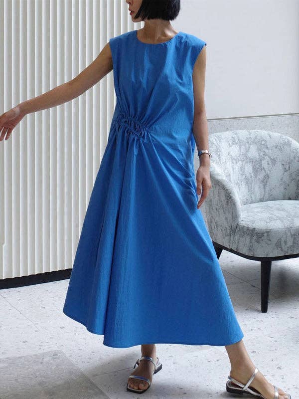 Asymmetric Drawstring Pleated Solid Color Tied Loose Sleeveless Round-Neck Midi Dresses