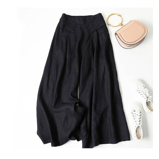 IN STORE ONLY - Solid Color Half Elastic Waist Wide Leg Ramie Cotton Pants