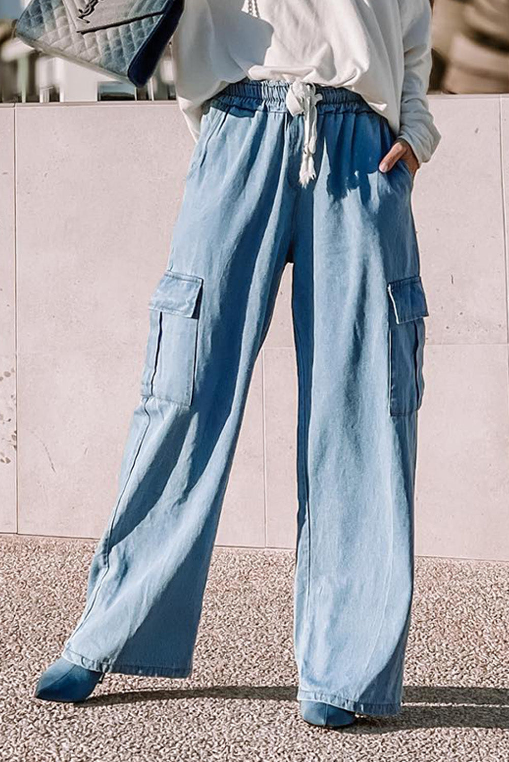 IN STORE & ON LINE Sky Blue Drawstring High Waist Cargo Pocket Wide Leg Jeans