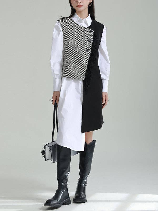 AVAILABLE IN STORE ONLY - Asymmetric Buttoned Houndstooth Sleeveless Vest Outerwear