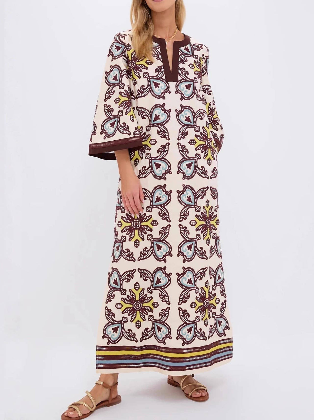 Resort Ethnic Print Split V-Neck Puff Sleeve Caftan Dress