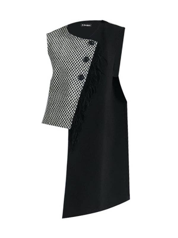 AVAILABLE IN STORE ONLY - Asymmetric Buttoned Houndstooth Sleeveless Vest Outerwear