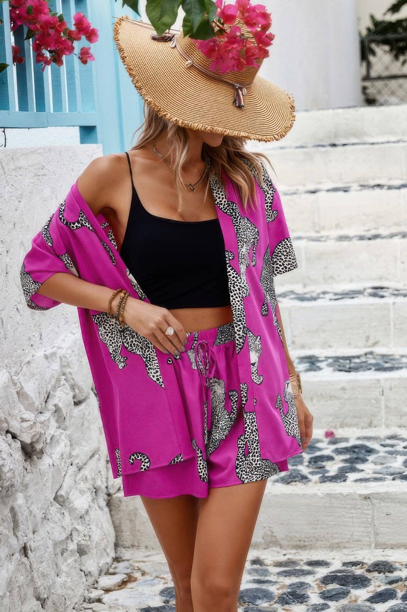 Two Piece Leopard Print Drop Shoulder Pockets Set