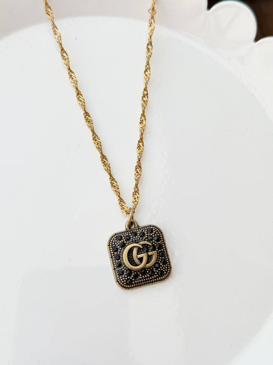 Upcycled Designer Pendant Necklace #132 - Black & Gold Square