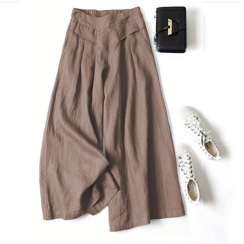 IN STORE ONLY - Solid Color Half Elastic Waist Wide Leg Ramie Cotton Pants