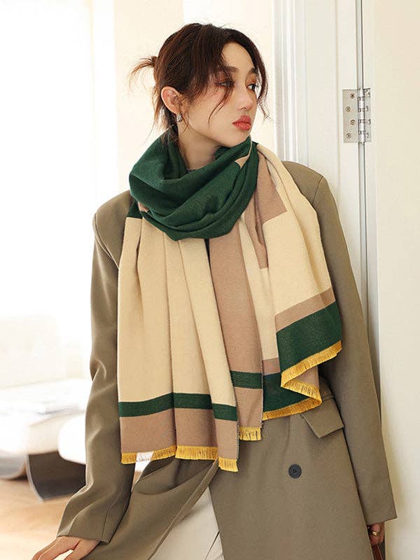 Soft Cashmere Blend Striped Shawl Scarf with Color Block Detail