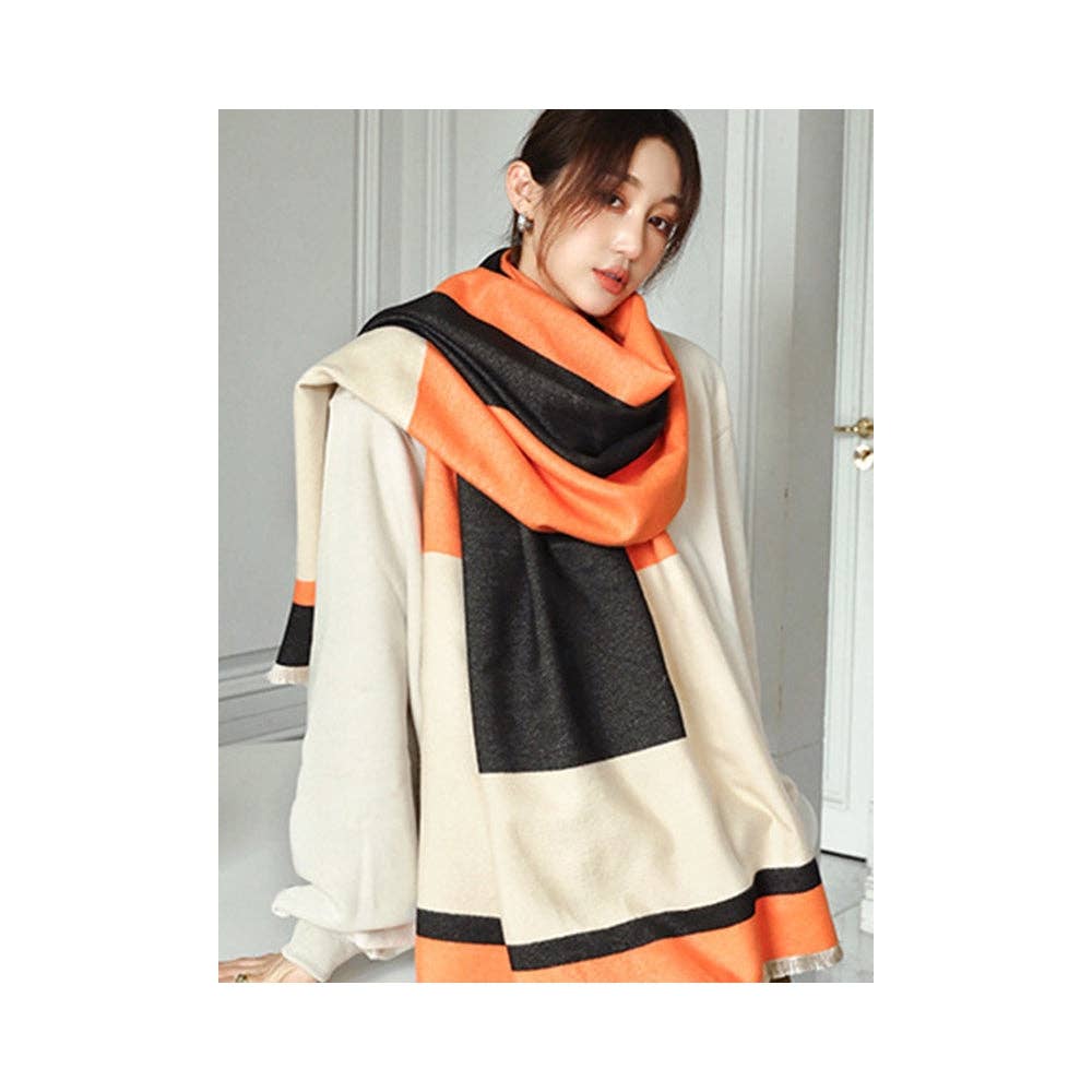 Soft Cashmere Blend Striped Shawl Scarf with Color Block Detail