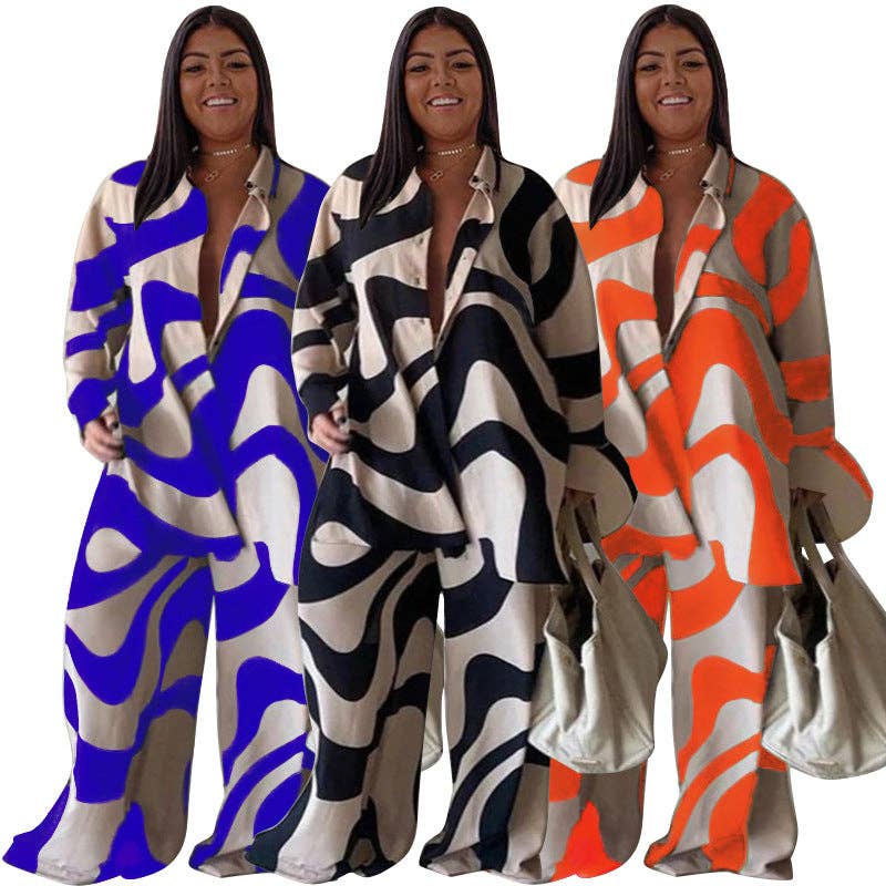 Chic Printed Loose-Fitting Long Sleeve Shirt and Straight Pants Set