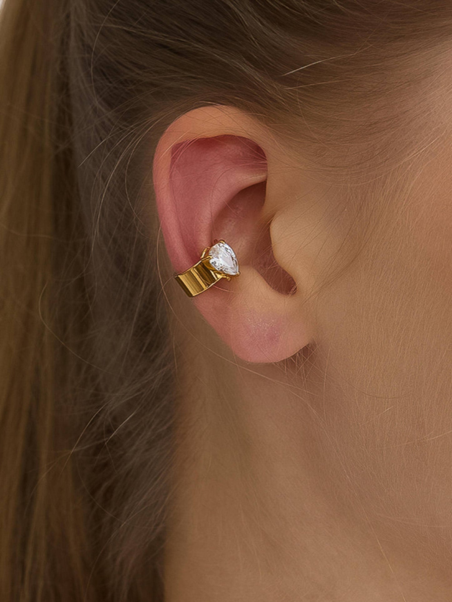 Earring 18K Gold Non-Tarnish Pear Crystal Cuffs