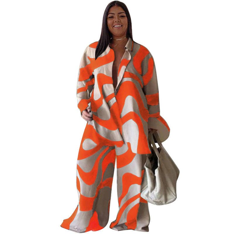 Chic Printed Loose-Fitting Long Sleeve Shirt and Straight Pants Set