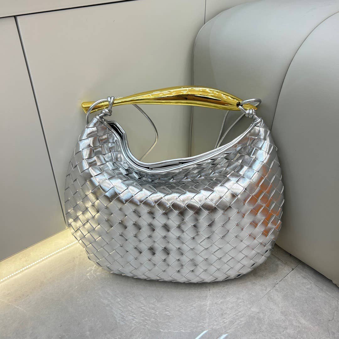 Woven handbag with Gold Metal Handle Bar