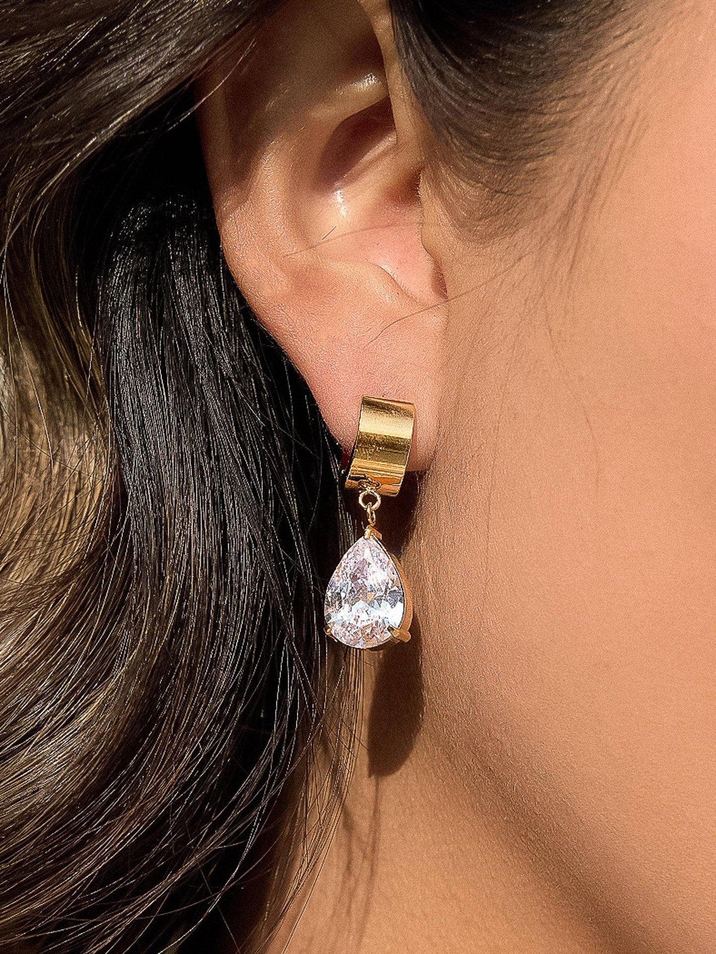 18K Gold Non-Tarnish CZ Drop Huggie Earrings