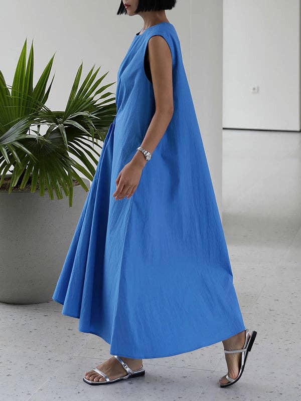 Asymmetric Drawstring Pleated Solid Color Tied Loose Sleeveless Round-Neck Midi Dresses