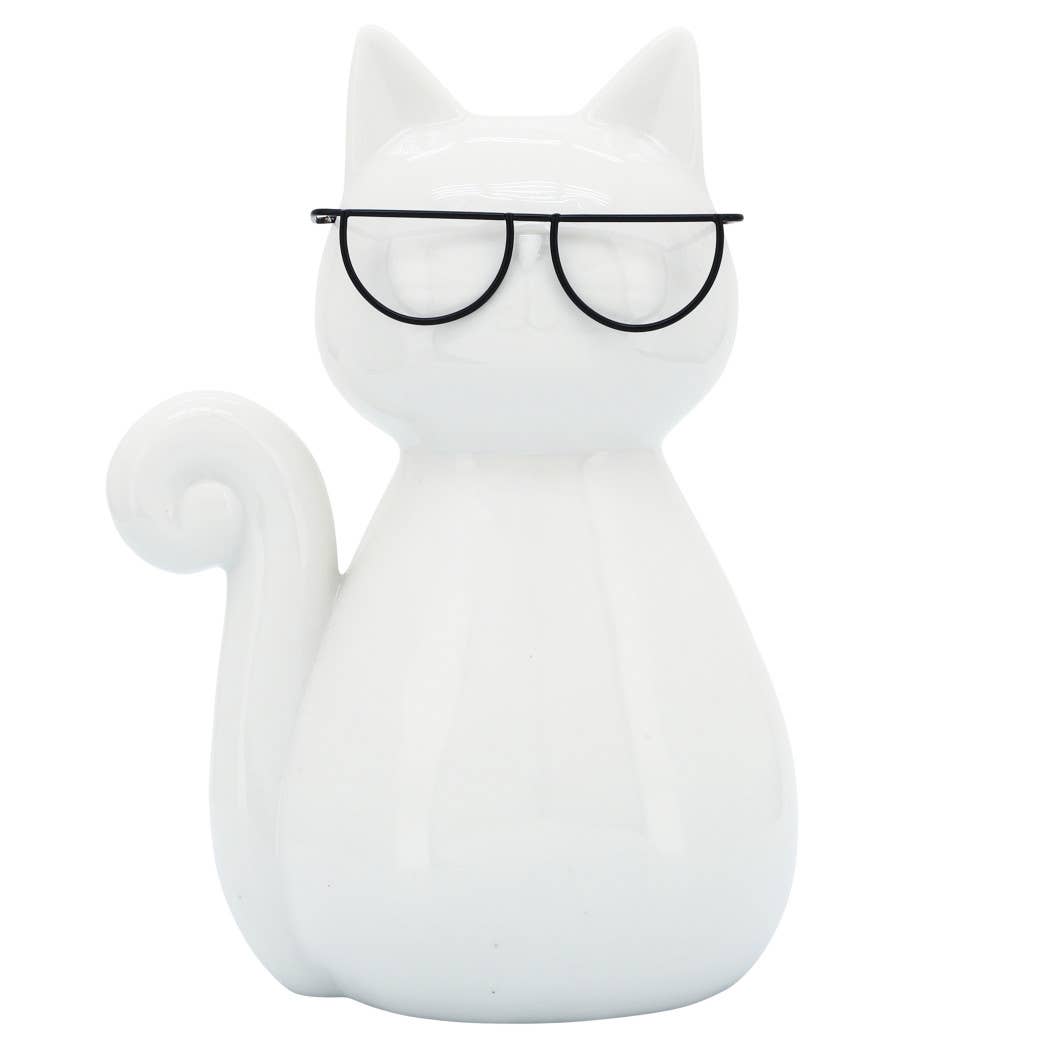 Porcelain Modern Cat with Glasses Figurine - White, 7 in.