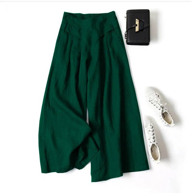 IN STORE ONLY - Solid Color Half Elastic Waist Wide Leg Ramie Cotton Pants