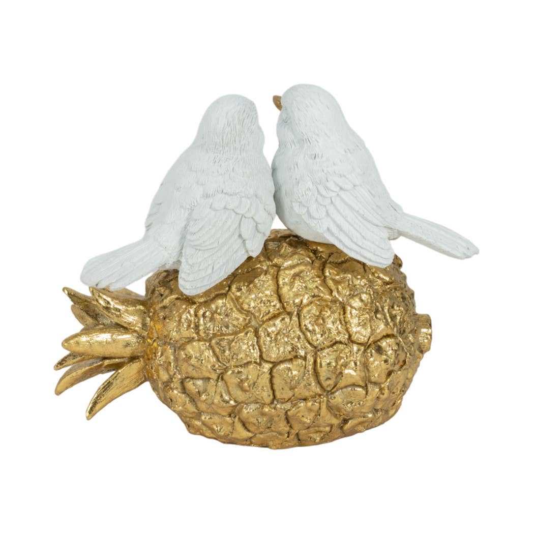 White/Gold 8 in. Resin Kissing Birds on Pineapple Figurine