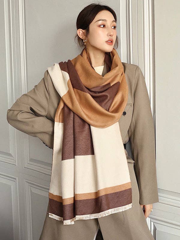Soft Cashmere Blend Striped Shawl Scarf with Color Block Detail