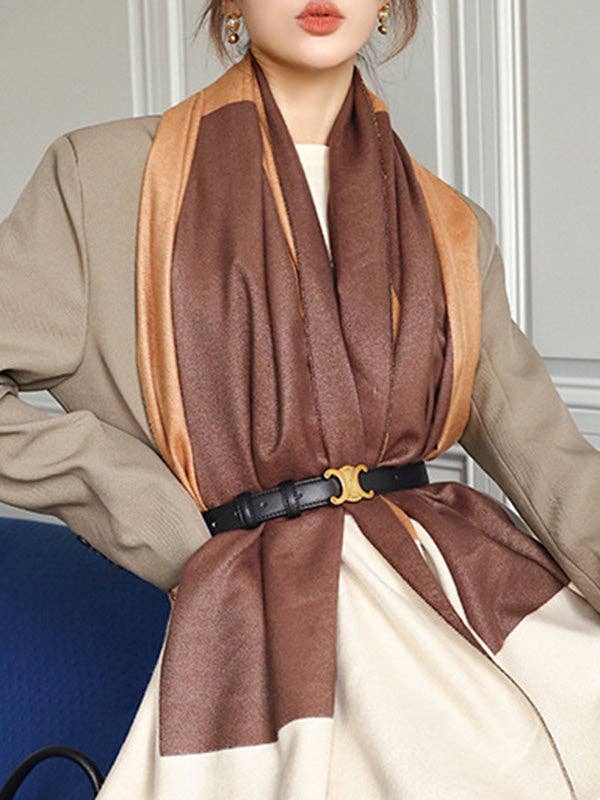 Soft Cashmere Blend Striped Shawl Scarf with Color Block Detail