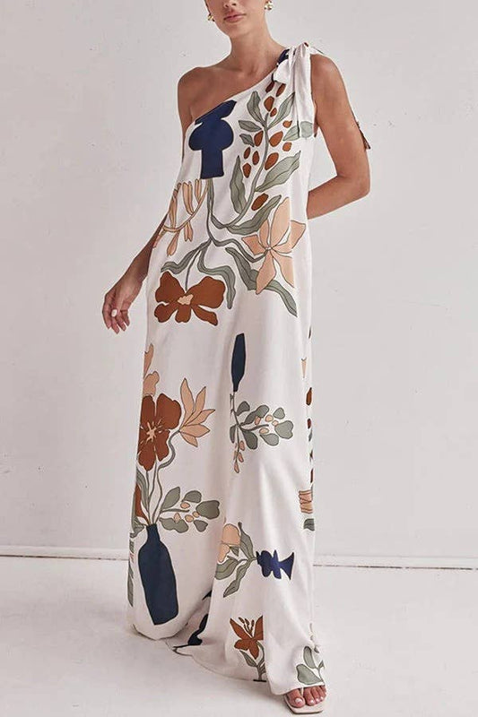 2025 Léonie Floral one shoulder dress w shoulder tie