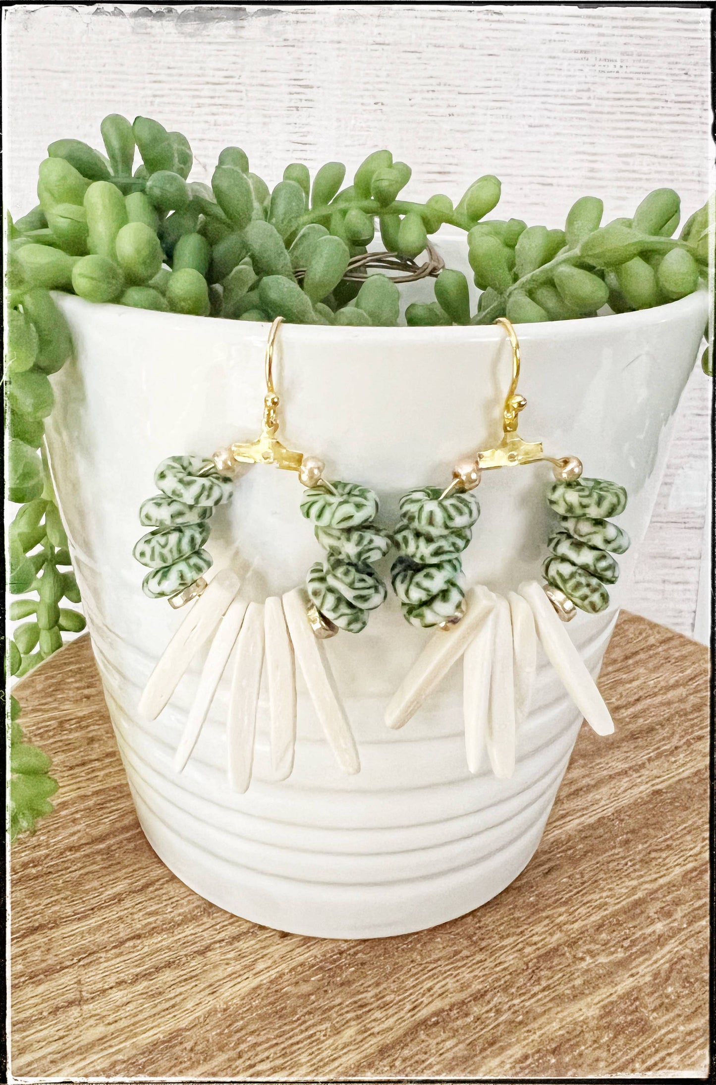 White Coconut Wood & Green Glass Bead Dangle Earrings