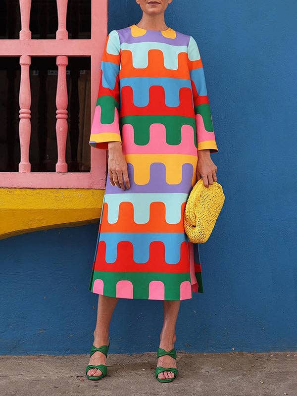 Printed Split-Side Long Sleeves Loose Round-Neck Midi Dresses